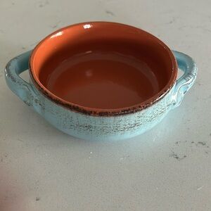 DE SILVA Rustic Blue & Orange Glazed Soup /Chili Bowl w/ Handles‎ Made In Italy